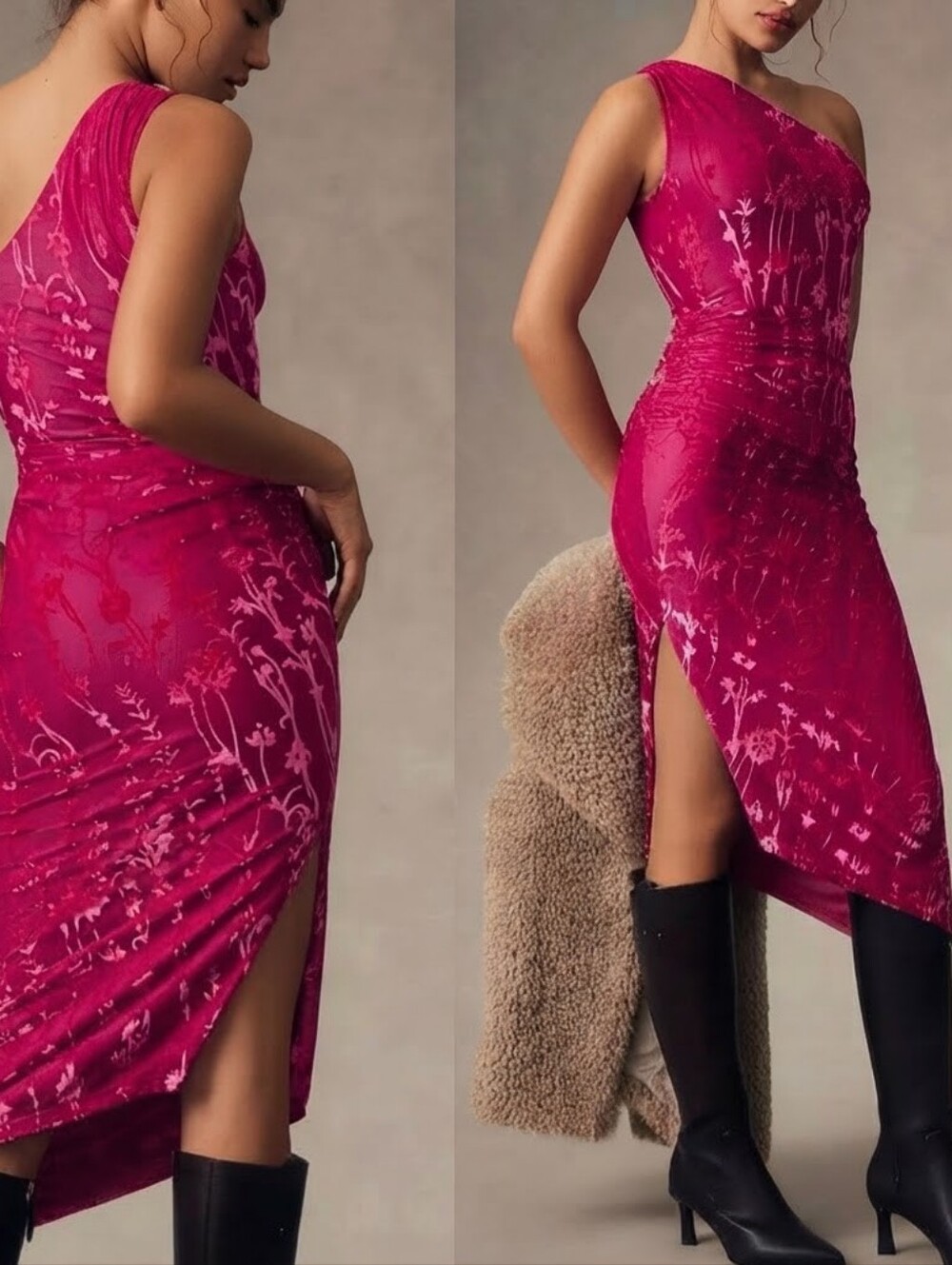 Hutch Pink Rose One-Shoulder Burnout Velvet Midi Dress XXS Petite